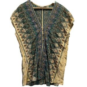 Soft Surroundings Embellished Tunic Women M Teal Gold Boho Beaded Ethereal